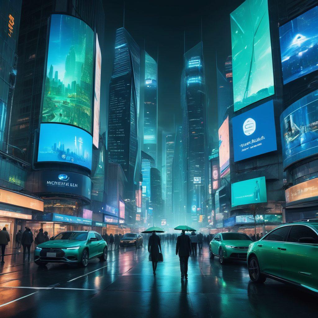 A futuristic city skyline with digital screens displaying various insurance plans and financial data. Incorporate elements like virtual reality interfaces and diverse people interacting with digital devices. Show symbols of protection, like shields or umbrellas, integrated into the tech landscape. The atmosphere should feel innovative and secure, with a blue and green color palette representing trust and technology. cyberpunk. vibrant colors.