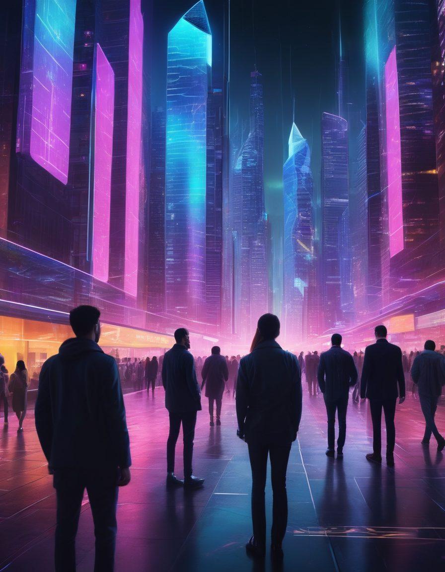 A futuristic cityscape showcasing digital networks and holographic insurance symbols, highlighting a blend of technology and financial security. Include diverse people engaging with digital devices, symbols of protection like shields and locks glowing in neon colors. Show elements of risk management like graphs and charts in the background. The atmosphere should be dynamic and innovative. cyberpunk. vibrant colors. 3D.