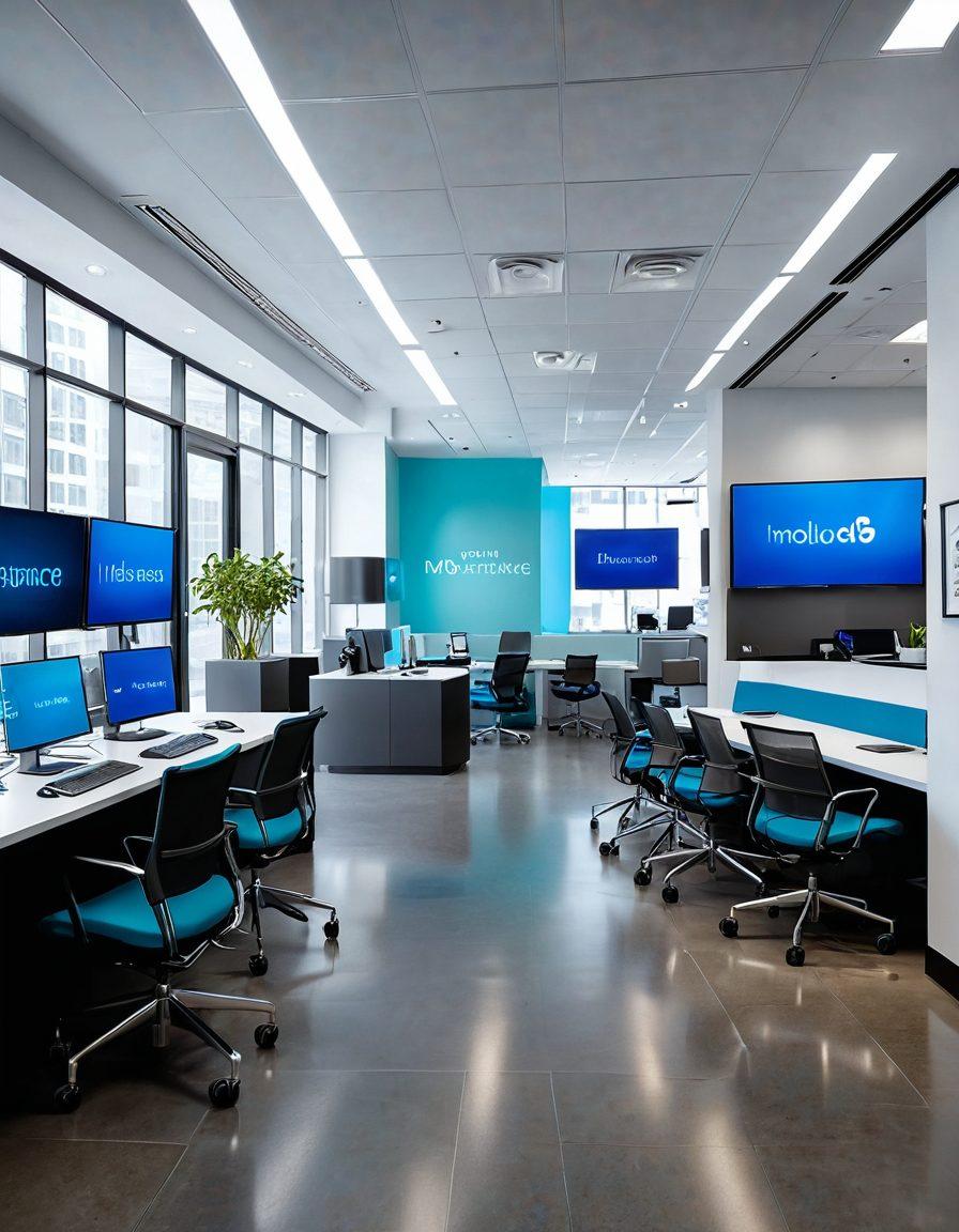 A modern insurance brokerage office featuring diverse individuals engaging with digital devices, showcasing advanced technology like AI algorithms and virtual payment systems. Incorporate elements depicting accessibility, such as wheelchair ramps and user-friendly interfaces. The atmosphere is bright and hopeful, symbolizing innovation and inclusivity in finance. futuristic design. vibrant colors. soft focus.